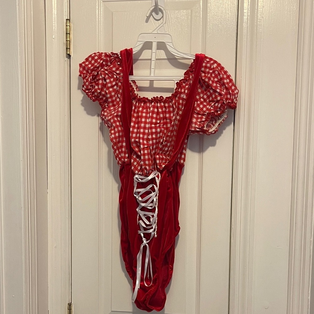 Dance costume Red Gingham Bodysuit with Lace-Up Detail with matching  skirt